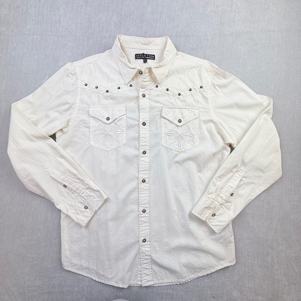 Affliction Buckle Mens White Embroidered Cross Studded Western Shirt L 10WV424B